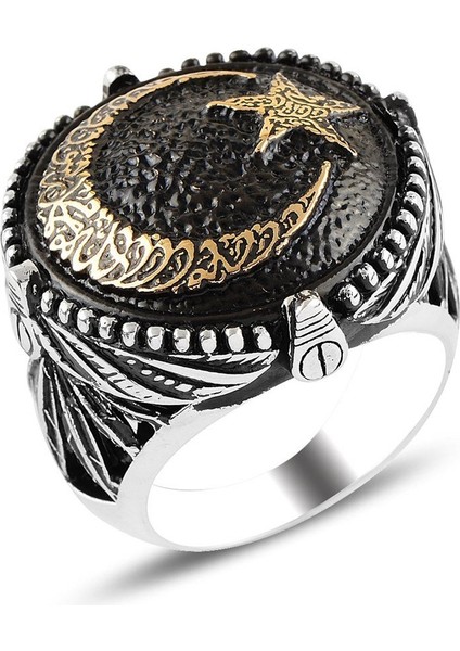 Eskitme Ay Yıldız Işlemeli Gümüş Yüzük