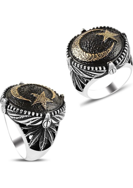 Eskitme Ay Yıldız Işlemeli Gümüş Yüzük modelleri