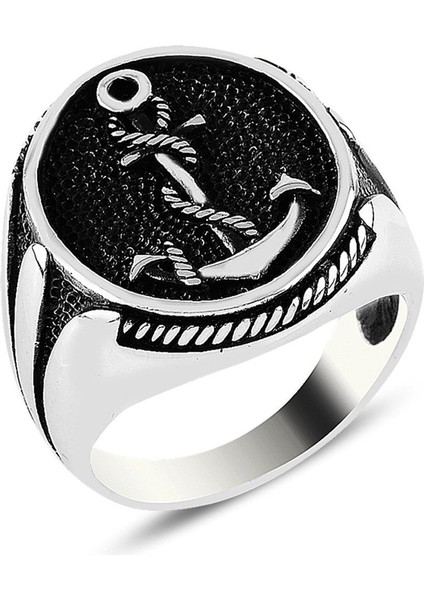 Çapa Işlemeli Siyah Zeminli Gümüş Yüzük