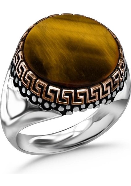 Kaplan Gözü Taşlı Gümüş Erkek Yüzük