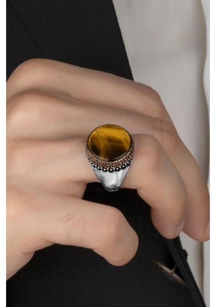 Kaplan Gözü Taşlı Gümüş Erkek Yüzük modelleri