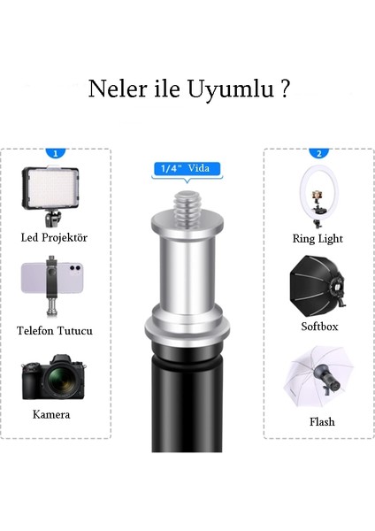 210CM Profesyonel Fotoğraf Makinesi Flash Tripodu- Kamera Tripodu - Projektör Tripodu 1/4'' Vida modelleri