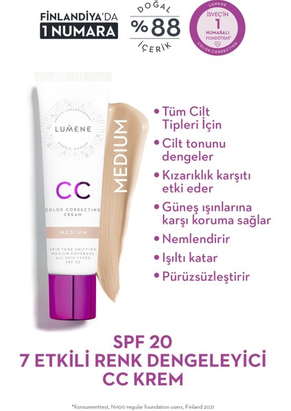 CC Cream Shade Medium-7 Etkili Renk Dengeleyici CC Krem SPF 20 Orta