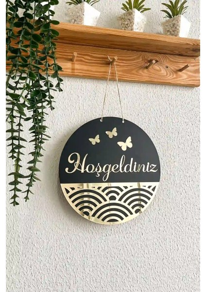 Hoşgeldiniz Yazılı Kapı Süsü - Özel Tasarım Kelebek Detaylı Aynalı Pleksi Ahşap Kapı Süsü 25 cm