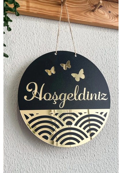 Hoşgeldiniz Yazılı Kapı Süsü - Özel Tasarım Kelebek Detaylı Aynalı Pleksi Ahşap Kapı Süsü 25 cm fırsatları