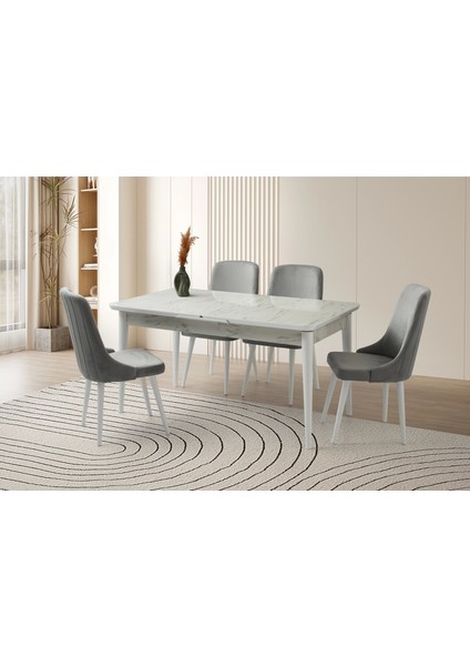 Kelebek Marmo Ahşap Salon Yemek Masa Sahra Sandalye Takımı 4 Sandalyeli Ortadan Açılır Büyüyen 80 x 130 cm Mermer Desen