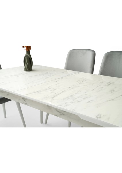 Kelebek Marmo Ahşap Salon Yemek Masa Sahra Sandalye Takımı 4 Sandalyeli Ortadan Açılır Büyüyen 80 x 130 cm Mermer Desen