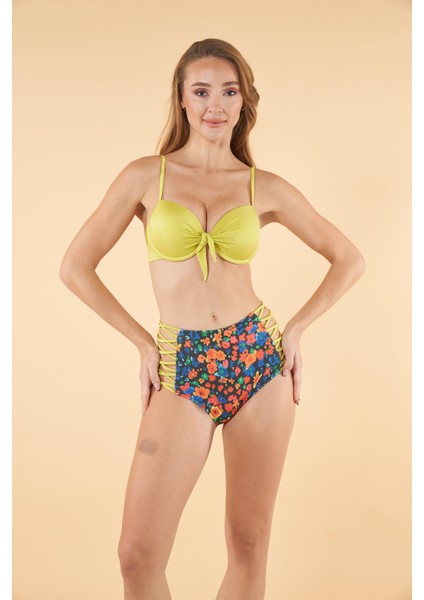 Desenli Yüksek Bel Britli Bikini Takımı - Sarı