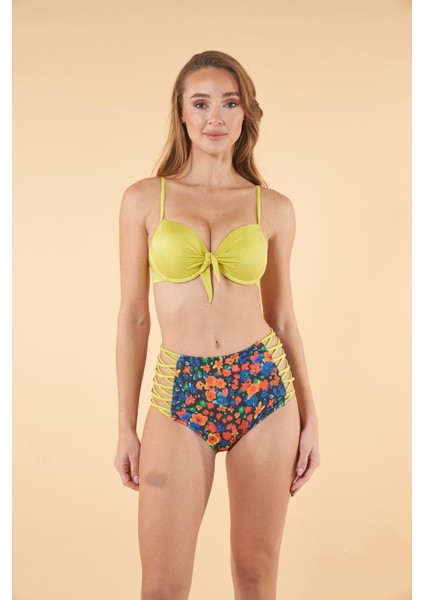 Desenli Yüksek Bel Britli Bikini Takımı - Sarı