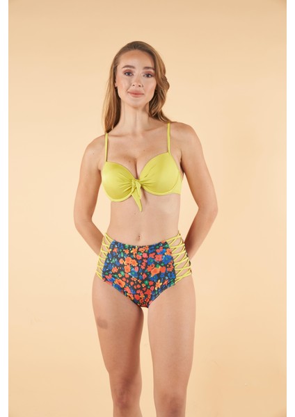 Desenli Yüksek Bel Britli Bikini Takımı - Sarı