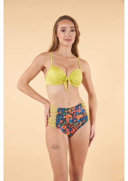 Desenli Yüksek Bel Britli Bikini Takımı - Sarı