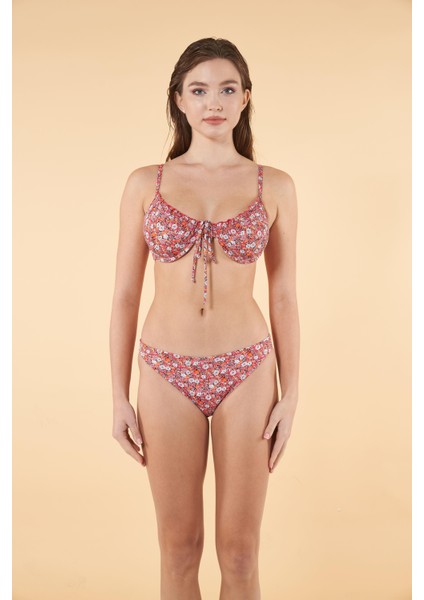 Çiçek Desenli Büzgülü Balenli Bikini Takımı - Pembe