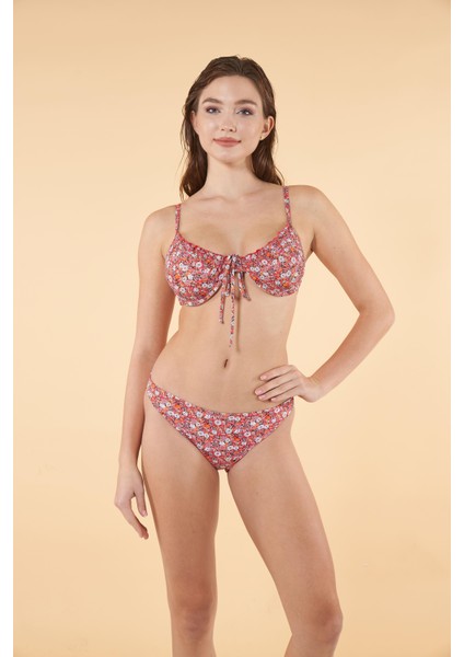 Çiçek Desenli Büzgülü Balenli Bikini Takımı - Pembe modelleri