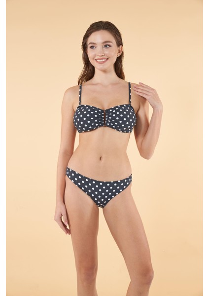 Tokalı Puantiyeli Straplez Bikini Takımı - Lacivert
