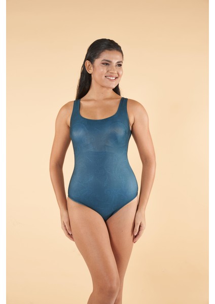 Desenli U Yaka Battal Beden Mayo - Yeşil