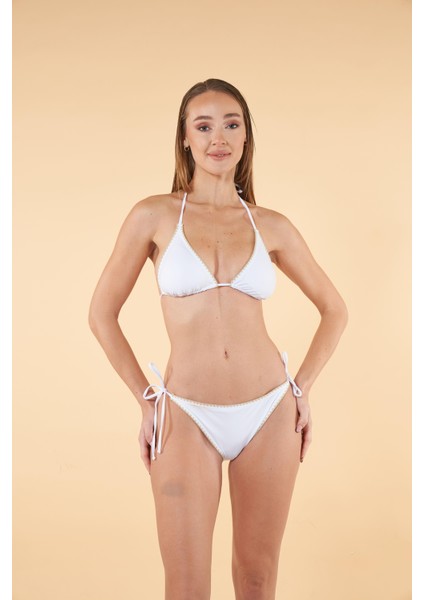 Kroşetalı Üçgen Bikini Takımı - Beyaz