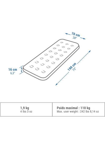 Quechua Şişme Kamp Yatağı - 1 Kişilik - 70 cm - Air Basic