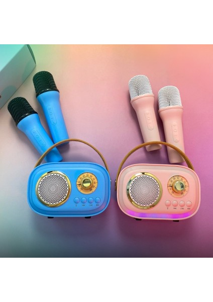K5 2 Mikrofonlu Bluetooth Bağlantılı Karaoke Hoparlör 2025 Mavi