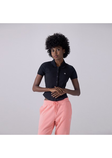 Slim Button-Up Kadın Siyah T-Shirt