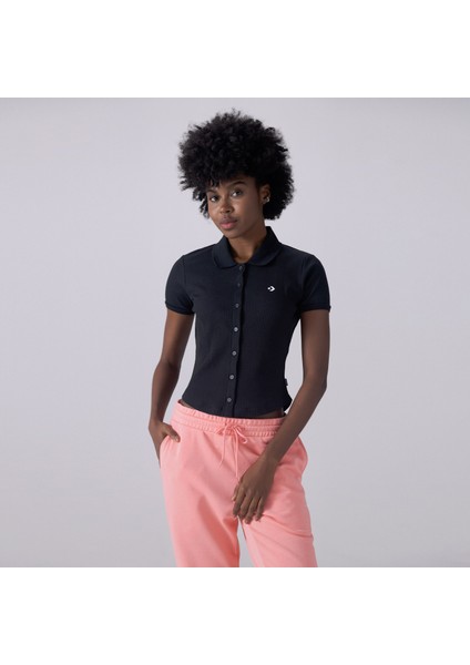 Slim Button-Up Kadın Siyah T-Shirt