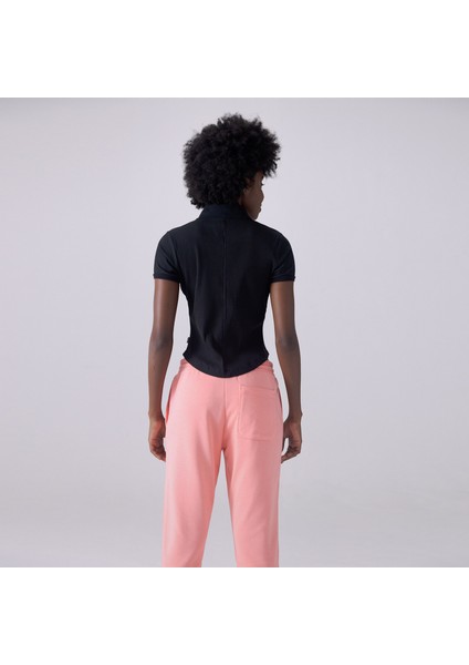 Slim Button-Up Kadın Siyah T-Shirt