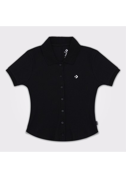 Slim Button-Up Kadın Siyah T-Shirt