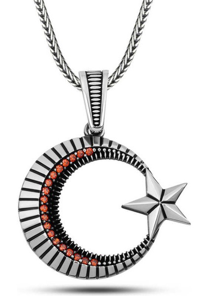 Gümüş Zirkon Taşlı Ay Yıldız Erkek Kolye