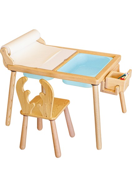 Woodnjoy Doğal Ahşap Duyusal Çocuk Aktivite Masası Oyun Masası ve Çocuk Çalışma Masası 1 Sandalye Seti(Rulo Aparalı ve Kırtasiye Istasyonlu)