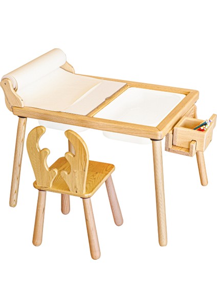 Woodnjoy Doğal Ahşap Duyusal Çocuk Aktivite Masası Oyun Masası ve Çocuk Çalışma Masası 1 Sandalye Seti(Rulo Aparalı ve Kırtasiye Istasyonlu)