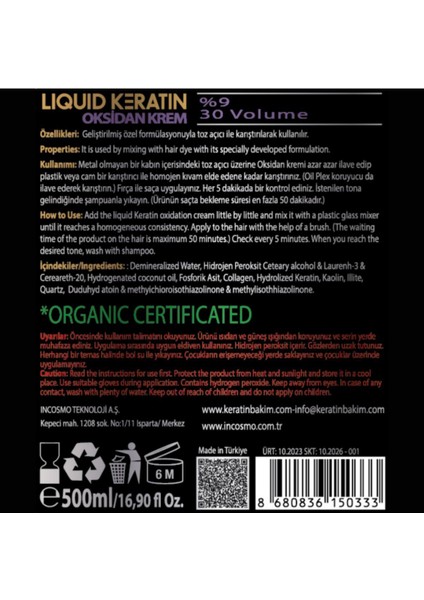 Oksidan Krem Güvenli Saç Açma Beyaz Krem 500 ml Organik Sertifikalı modelleri