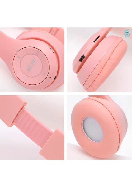 Kablosuz Bluetooth Kulaküstü Kedili, Ledli, Işıklı Kedi Desenli Kulaklık, Pembe