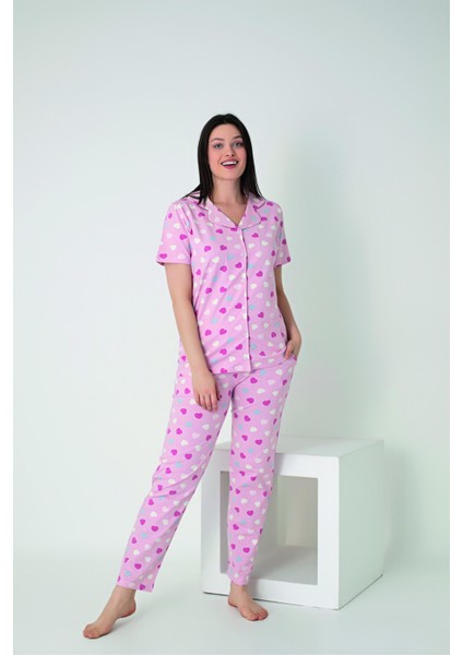 Kadın Yazlık Kalpli Önden Düğmeli Kısa Kollu Penye Lycra Pijama Takımı