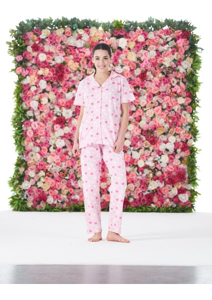 Kadın Yazlık Kalpli Önden Düğmeli Kısa Kollu Penye Lycra Pijama Takımı modelleri