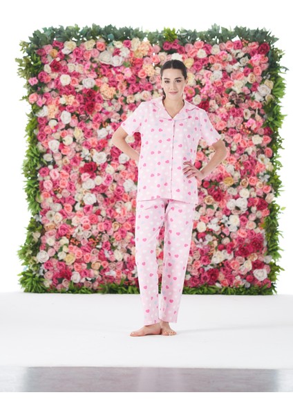 Kadın Yazlık Kalpli Önden Düğmeli Kısa Kollu Penye Lycra Pijama Takımı fırsatları