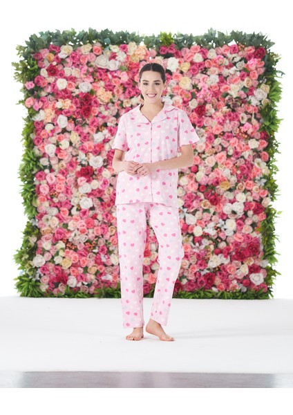 Kadın Yazlık Kalpli Önden Düğmeli Kısa Kollu Penye Lycra Pijama Takımı indirimleri