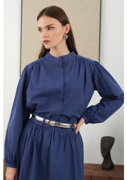 Omzu Büzgülü Poplin Gömlek Koyu Kot Mavi