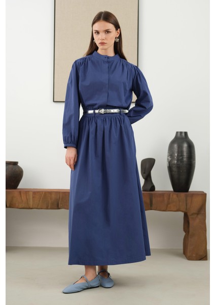 Omzu Büzgülü Poplin Gömlek Koyu Kot Mavi fiyatları