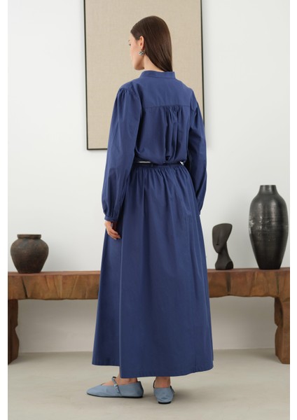 Omzu Büzgülü Poplin Gömlek Koyu Kot Mavi modelleri