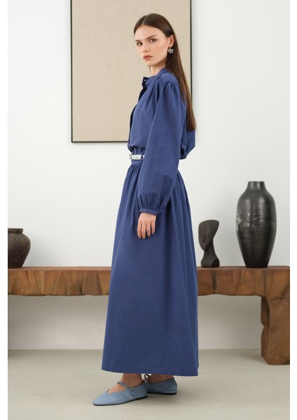 Omzu Büzgülü Poplin Gömlek Koyu Kot Mavi fırsatları