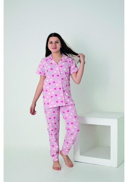 Kız Çocuk Kalp Desenli Kısa Kollu Önden Düğmeli Penye Lycra Pijama Takımı