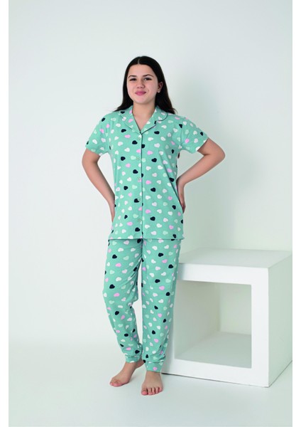 Kız Çocuk Kalp Desenli Kısa Kollu Önden Düğmeli Penye Lycra Pijama Takımı