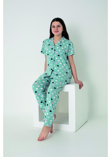 Kız Çocuk Kalp Desenli Kısa Kollu Önden Düğmeli Penye Lycra Pijama Takımı