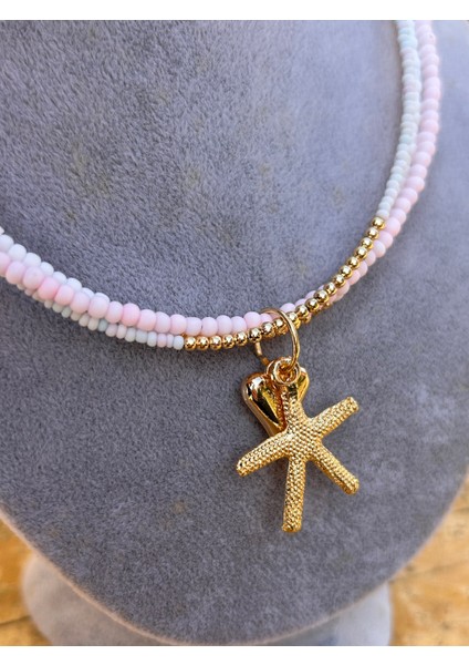 Kadın Beyaz Pembe 3 Lü Görünüm El Yapımı Kum Boncuk Kolye Aksesuar Takı