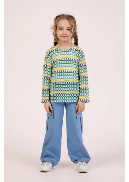 Kız Çocuk 3'lü Takım – Desenli Sweatshirt, Kargo Pantolon ve Basic Atlet