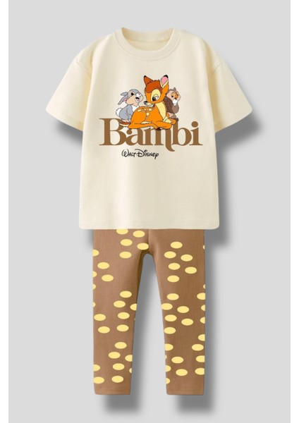 Kız Çocuk Bambi Baskılı Tişört ve Desenli Tayt Takımı – Konforlu ve Şık Günlük Kombin