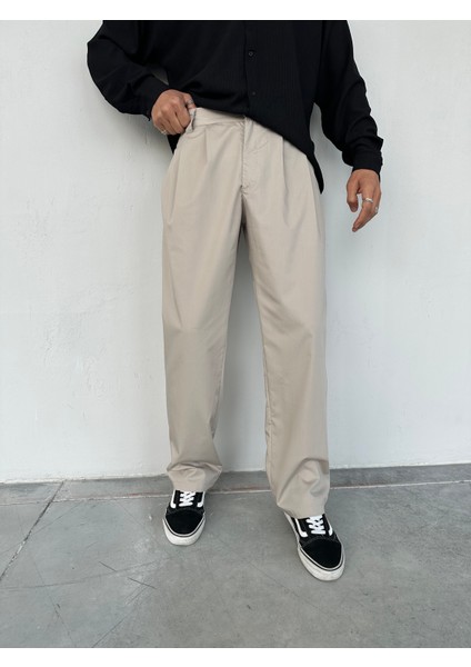 Baggy Kalıp Bej Kumaş Pantolon