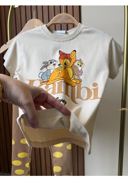 Kız Çocuk Bambi Baskılı Tişört ve Desenli Tayt Takımı – Konforlu ve Şık Günlük Kombin