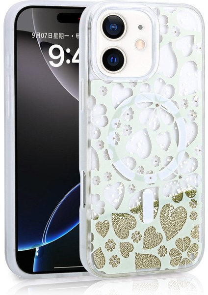 Apple iPhone 12 Uyumlu Kılıf Sıvılı Simli Baskılı Şeffaf Arka Yüzey Zore Mossa Silikon KAPAK-GOLD-86804368