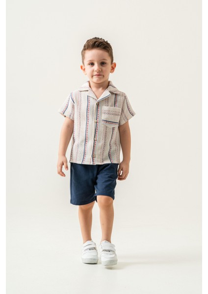Erkek Çocuk Müslin İki Parçalı Takım Çizgili Kısa Kollu Gömlek & Şort, Yazlık ve Nefes Alabilen Kumaş modelleri