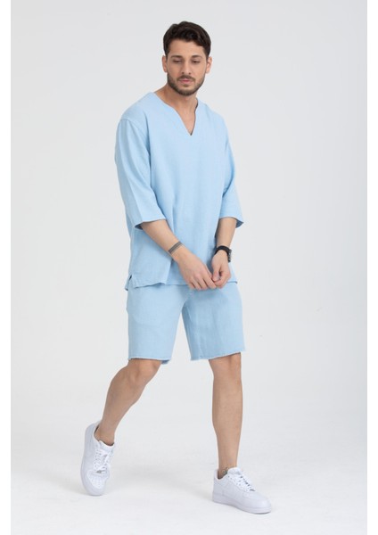 Erkek %100 Pamuklu V Yaka Kısa Kollu Gömlek - Konforlu ve Modern Stil